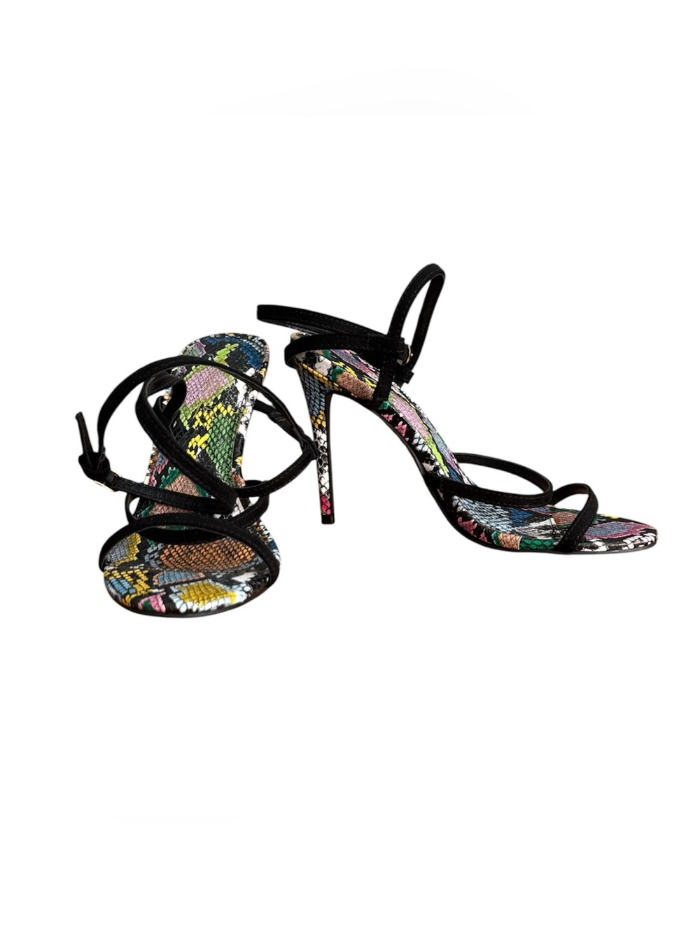 Anne Michelle Black Strappy High Heel Sandals with Multicolor Snakeskin